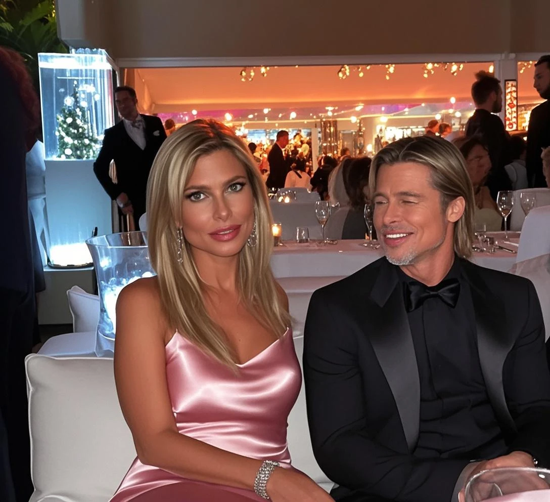A beautiful woman with medium long blonde hair, with blue eyes and dressed in a tight dress next to a tall brown-haired man with green eyes Couple