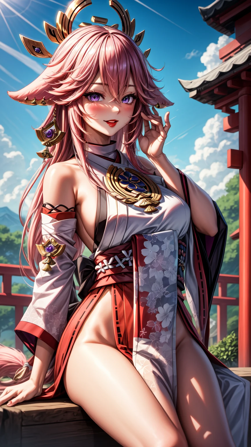score_9, score_8_up, score_7_up, source_anime, 1girl, solo, BaikenGGXL, scar on eye, scar across eye, eyepatch, red eye, pink hair, long ponytail, big breasts, (right arm amputee), cleavage, kimono, multicolored kimono, brown sash, red rope, rope belt, bandages, standing, hand on hip, smiling, cowboy shot, looking at you, japanese garden, cherry blossom