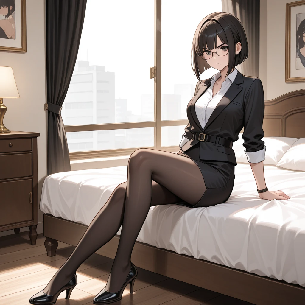 Shizuku、Hunter x Hunter、Black Hair、Short Hair、((pantyhose))、Photo from below、Medium chest、Bedroom、In a suit、Glasses
