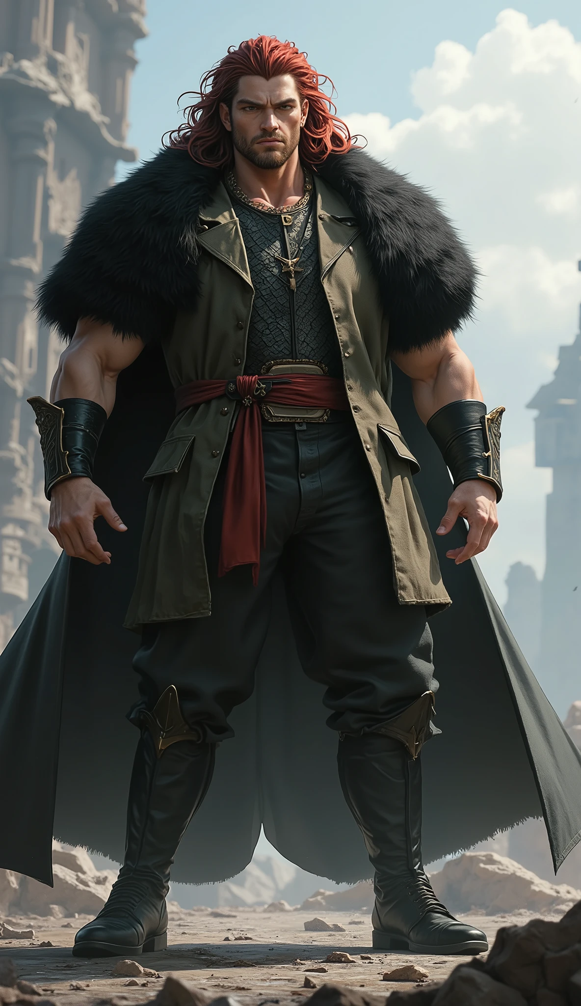masterpiece, best quality, hyper-detailed, cinematic lighting, professional fantasy character illustration. A tall, immensely muscular middle-aged man, an imposing fantasy wuxia hegemon. He has a rugged face with a serious expression, a confident smirk, and sharp, piercing eyes. A prominent lightning bolt-shaped tattoo is on his left cheek. His hair is a wild, messy mane of long red and black strands. He is dressed in an ornate fantasy wuxia short-sleeved jacket over dark, form-fitting scale mail, with a heavy black fur shawl draped over his shoulders. He wears matching canvas trousers, detailed bracers, and tall black leather boots. He stands in a powerful, commanding pose on shattered ground, his immense aura causing rocks and debris to float in the air around him. Perfect anatomy, perfect hands with five fingers.