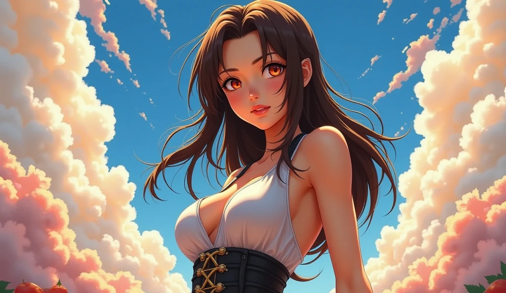 1girl, solo, beautiful girl, brunette skin, blue eyes, detailed anime style, perfect ???????, perfect hands, narrow waist, medium breasts, long hair, brown hair, high ponytail, asymmetrical bangs, blue eyes, detailed eyes, blush, emerald earrings, orange shirt, shirt lift, denim shorts, cleavage, navel, midriff, bare arms, bare shoulders, smile, standing, perfect hands, arm up, woods, cabin, sunset, orange sky, clouds, outdoors, underboobs, high quality, high resolution, from side,