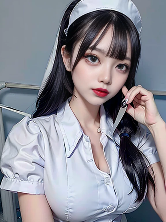 (HD photo:1.4), best quality, professional portrait, ultra detailed, 8k, cinematic, pretty 18 year old girl, cute, detailed skin, (long dark hair:1.2), detailed eyes, large sagging breasts, cleavage, (wearing white doctor's coat:1.1), (wearing lightblue shirt:1.2), stethoscope, latex gloves, hospital background, sfw