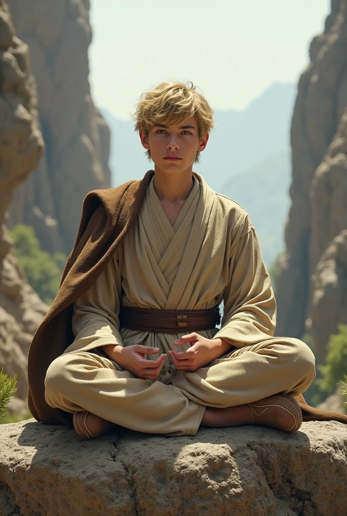 a jedi 14years boy, with white monk pants, shirtless, light brown short hair and yellow eyes, toned body, Abandoned jedi temple as a backdrop, frontal, meditating, smooth body, levitating from the ground, 4k, high realism, two white lightsabers levitating