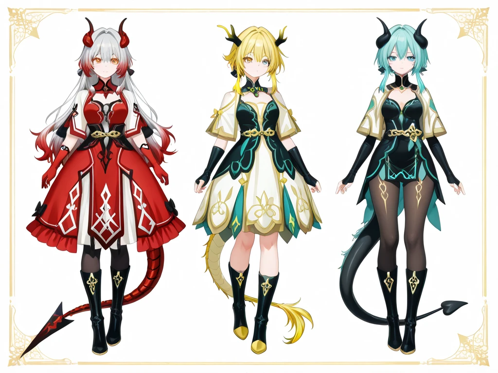 Astaroth had turquoise eyes and crimson red, waist-length hair, its hair is jet black with the inside of its locks at the back of the neck were pastel yellow with features like dragon horns that were pastel yellow with a dragon's tail with some turquoise strands, she had a dress that was somewhat short, discovered on the sides, It was turquoise, white, gray and pastel yellow on the edges, she also had a pair of long boots that reached her thighs, under the dress she had black tights with gold edges on the edges of the tights that reached her hips, His dragon's tail was open on the sides