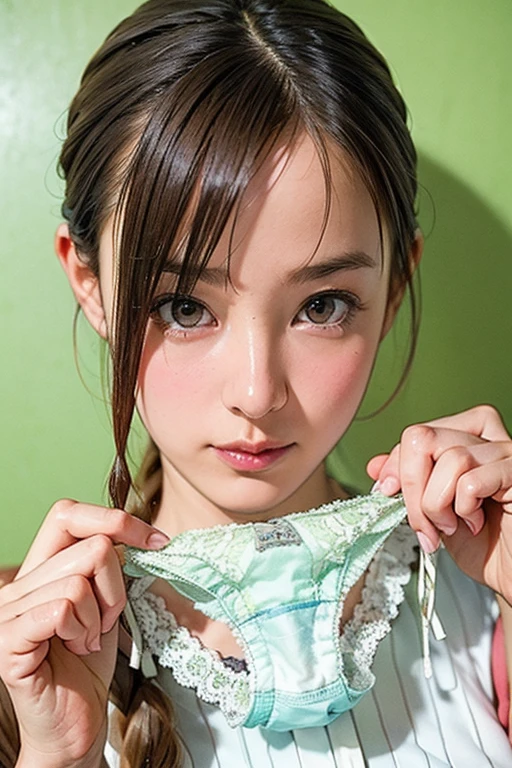 Very large light green panties、ponytail、Curly Hair、Young grass colored hair、Face is close、Close face、Panties in front、Showing panties、Very big panties、Pretty big panties