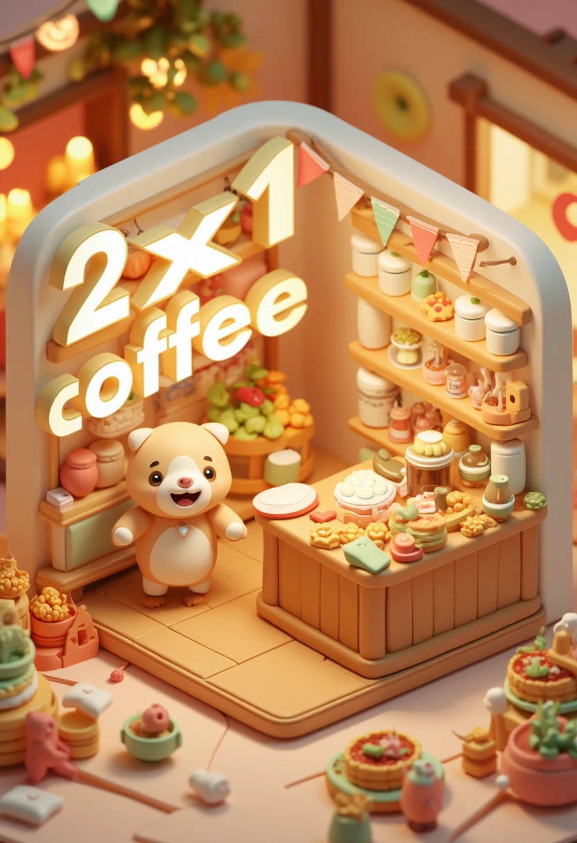 A 3D billboard-style scene in front view, resembling a rectangular box with visible depth. Inside the frame is a small showroom or product display room. In the center, a cute animal (like a plush pig or a smiling puppy) is promoting a jar of instant coffee. The animal is holding or pointing at the product. The background includes festive supermarket-style decorations like balloons, warm lights, and banners. The billboard frame is white and thick, giving a strong sense of depth. A large text overlay says "2x1 Coffee" or "Special Offer." The whole scene is realistic, commercial, and front-facing like a product ad.

