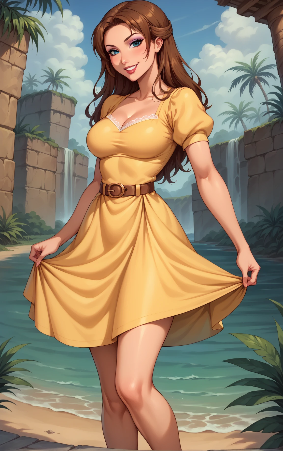 Gorgeous and sultry busty athletic (thin) brunette with sharp facial features and a (large nose) and (huge boobs) wearing a pale yellow off-shoulder ruffled sundress, hairband, long dress, skindentation, cleavage, park, lake, picnic
