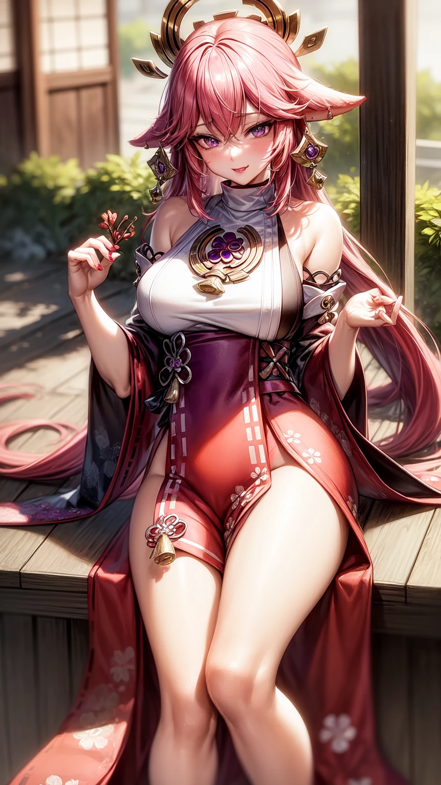 Yae Miko,purple eyes,Wedding Dress,long skirt,seductive face,legs open