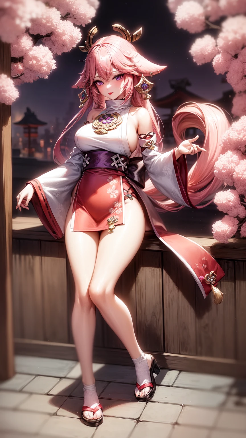 an oriental girl,Pink double ponytail long hair,Fox ears,bell headdress,Big breasts,Wearing Japanese Kimono,Chest bell jewelry,little foot bell jewelry,in front of buddhist temple,runner,4K