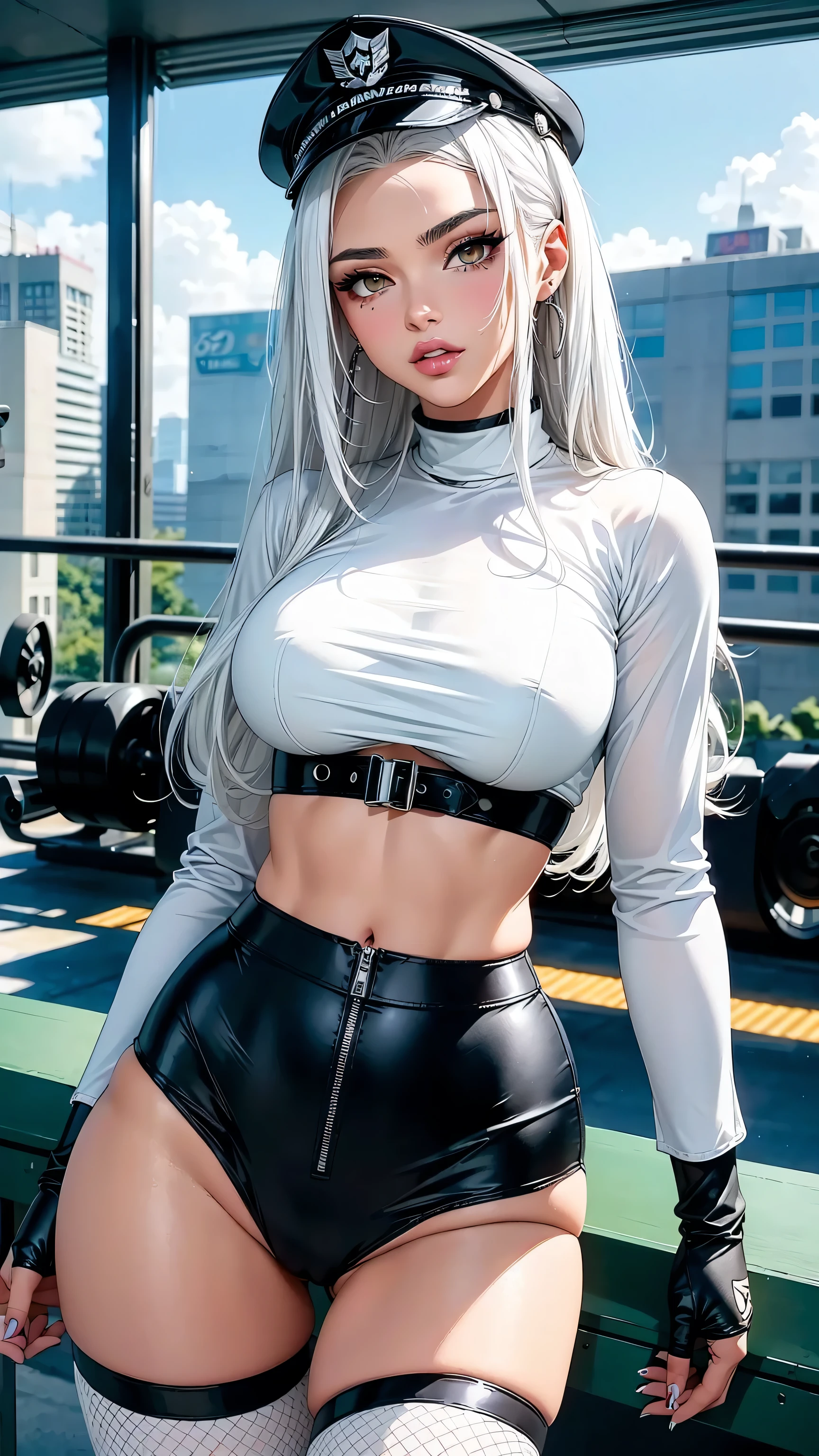 (1girl,tight underboob shirt,tight leggings,white hair,beautiful detailed eyes,beautiful detailed lips,extremely detailed face,longeyelashes,realistic,photorealistic,photo-realistic:1.37,best quality,4k,8k,highres,masterpiece:1.2,ultra-detailed,studio lighting,extreme detail description,professional,vivid colors,bokeh,portrait)