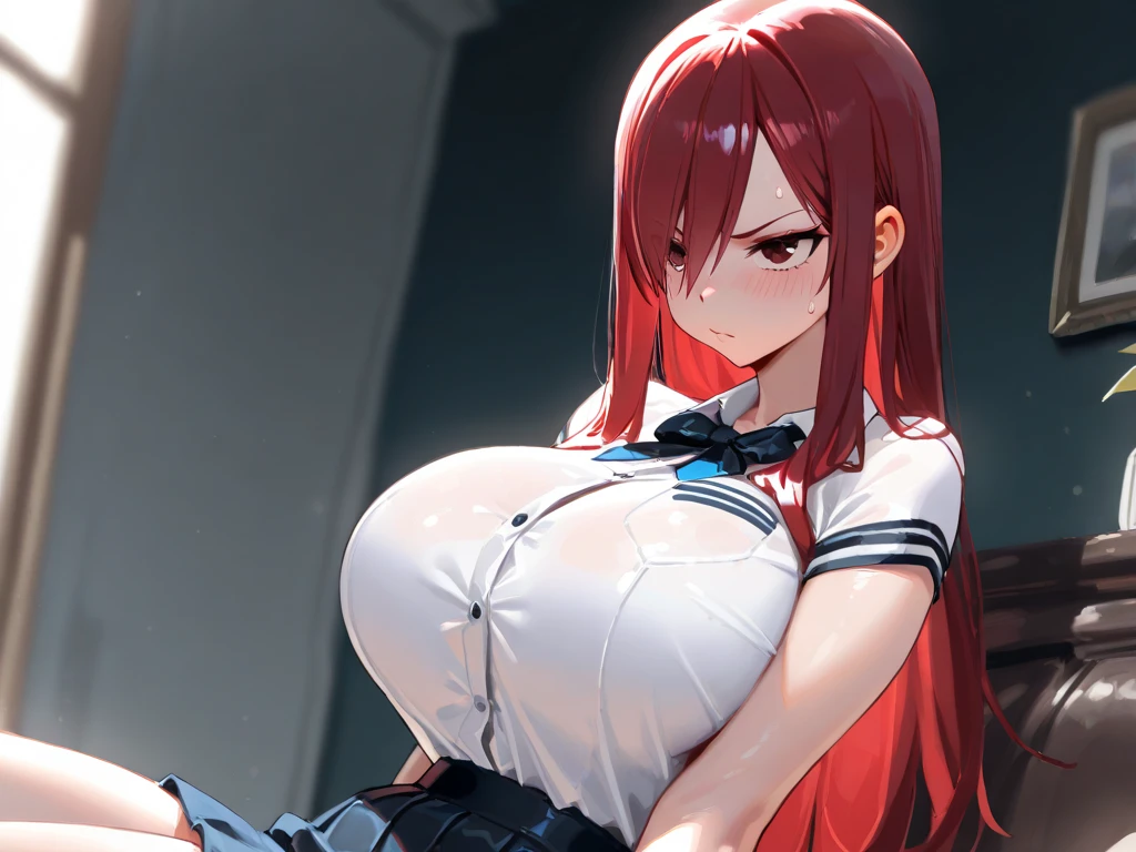 best quality, intricate details, 1girl, long hair, red hair, messy hair, red highlights, blue eyes, sharp eyes, choker, hakos baelz, playboy bunny, crop top, suspender shorts, detached collar,