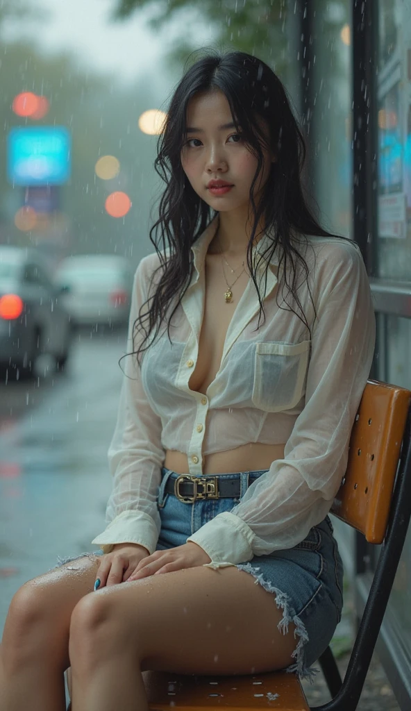 (​masterpiece:1.2、top-quality)、(Real image、intricate detailes)、(natta、murky、drenching:1.4) There is no one in the alley、The surroundings are quiet、Only raindrops are sprinkled on the tile eaves of low houses near and far、It was making a slight rustling noise。In the cold rain、(1 girl in、Red leather jeans、mournful、perfect  eyes:1.2)Squatting on the ground、huge tit、cleavage of the breast、beauty legs、Bare legged
