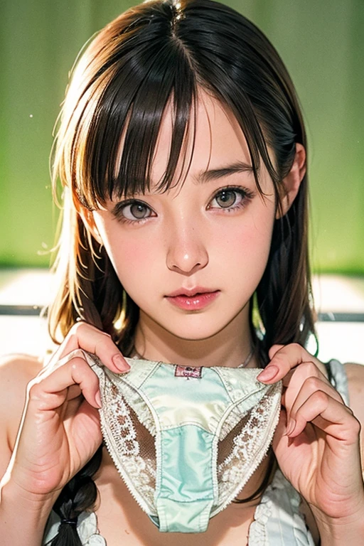 (SFW, Exposed:1.2), concept art, Tiny junior idol, Delicate lace knitted white clothes, (nipple:-0.9), (face closeup, (Dazzling stained glass Background)), (((Renbutsu Misako), vivid colorful Light shines through delicate stained glass:1.35, Dazzling Halo, Acutance:0.8)), {vivid red |Mystic sight | haze | lense Particle | lens flare | light Particle}. (masterpiece:1.2),(ultra-detailed:1.37),((realistic,photorealistic,photo-realistic:1.37)), (Extremely detailed KAWAII face variations, innocent expression variations), {rosy cheeks | intricate detailed eyes with sparkling highlights | long eyelashes with volume | subtle blush on the face}. impeccable skin texture, captivating gaze, ((Dynamic-angle, physically-based rendering)), whole Body proportions and all limbs are anatomically accurate . full of flowers covering girl's body .