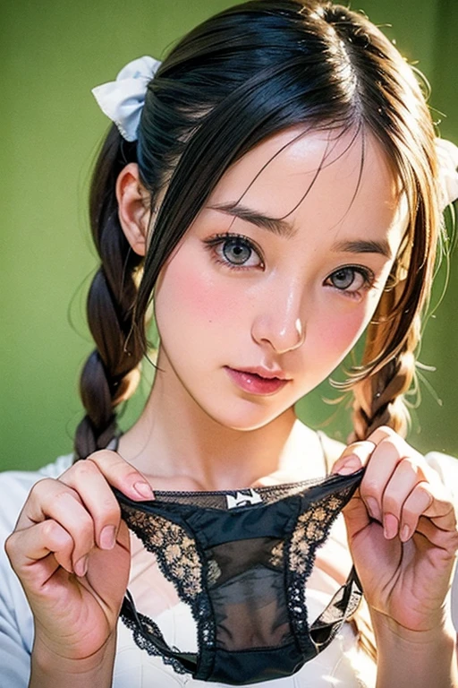 Very large random pattern panties、ponytail、Face is close、Close face、Panties in front、Showing panties、Very big panties、Pretty big panties