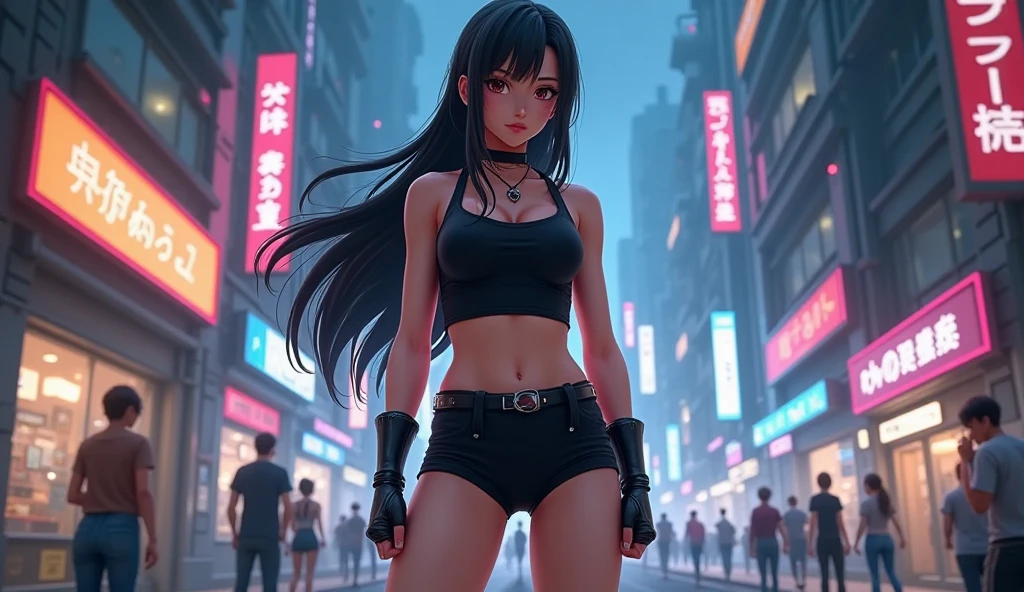 Goddess ((goddess-like woman)), slim elegant silhouette, masterpiece, best quality, (Darcy/Winx Club S1), pale skin, fair skin, sweet face, long hair, (masterpiece:1,2, best quality), (real picture, intricate details), (1 lady, solo, medium ????), light purple eyes, kissable mouth, full lips, brown hair, multicolored hair, (brown hair, multicolored Hair), very long hair, straight hair, bracelet, hoop earrings, beautiful face, beautiful eyes, she looks at the viewer, she wears ninja clothing with mesh element, crop top, short skirt, collar, clothing with mesh element, ninja, elegant pose, elegant hands, beautiful hands, perfect fingers, background: city, market alley of a Japanese city, walks through a market alley, there are stalls on the left and right of the alley