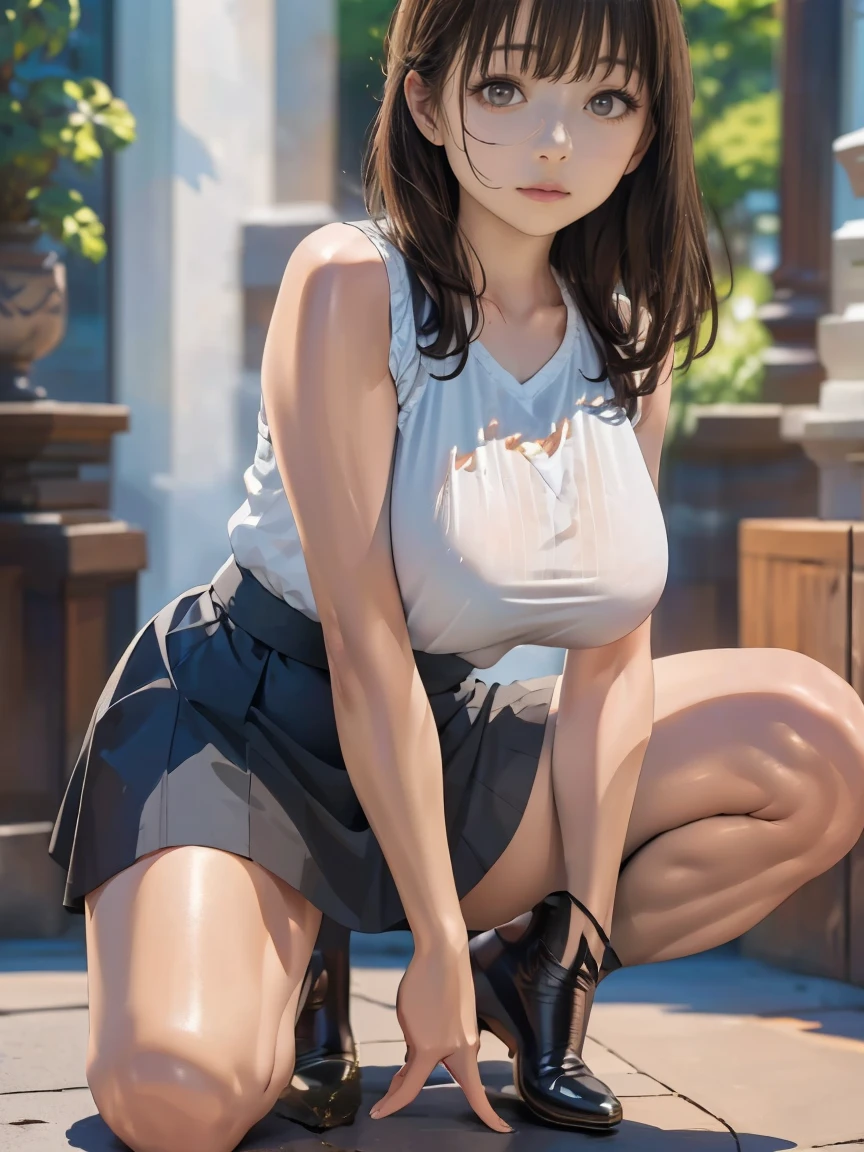 (masterpiece, highest quality, ultra high res, ultra detailed:1.3), 1 cute girl, ideal ratio body proportions, Japanese, brown medium hair, middle breast, gyaru, (tank top, mini skirt, panties visible:1.3), (sitting on stairs, outstretched legs:1.4), cameltoe, white cotton panties, clothes covered nipples,