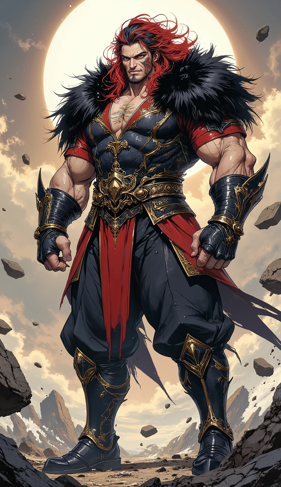masterpiece, best quality, hyper-detailed, cinematic lighting, professional fantasy character illustration. A tall, immensely muscular middle-aged man, an imposing fantasy wuxia hegemon. He has a rugged face with a serious expression, a confident smirk, and sharp, piercing eyes. A prominent lightning bolt-shaped tattoo is on his left cheek. His hair is a wild, messy mane of long red and black strands. He is dressed in an ornate fantasy wuxia short-sleeved jacket over dark, form-fitting scale mail, with a heavy black fur shawl draped over his shoulders. He wears matching canvas trousers, detailed bracers, and tall black leather boots. He stands in a powerful, commanding pose on shattered ground, his immense aura causing rocks and debris to float in the air around him. Perfect anatomy, perfect hands with five fingers.