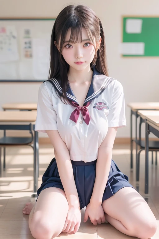 (((very hyper-realistic from Close-up portraits))), (((very super Masterpiece))), (((very super Realism Photo))), (((very pretty and very lovely woman))), (((14 years old))), (((very short bob with bangs))), (((black hair))), Very large slit very big eyes, moist eyes reflecting light, long eyelashes, thin nose, small mouth, glossy beige lips, thin chin, clear white glossy skin. very Slender body. (((Navy short-sleeved sailor uniform, red tie, Navy pleated skirt))). After-school classroom, chairs, desk, blackboard, graffiti. Deep depth of field, very dark cinematic lighting.