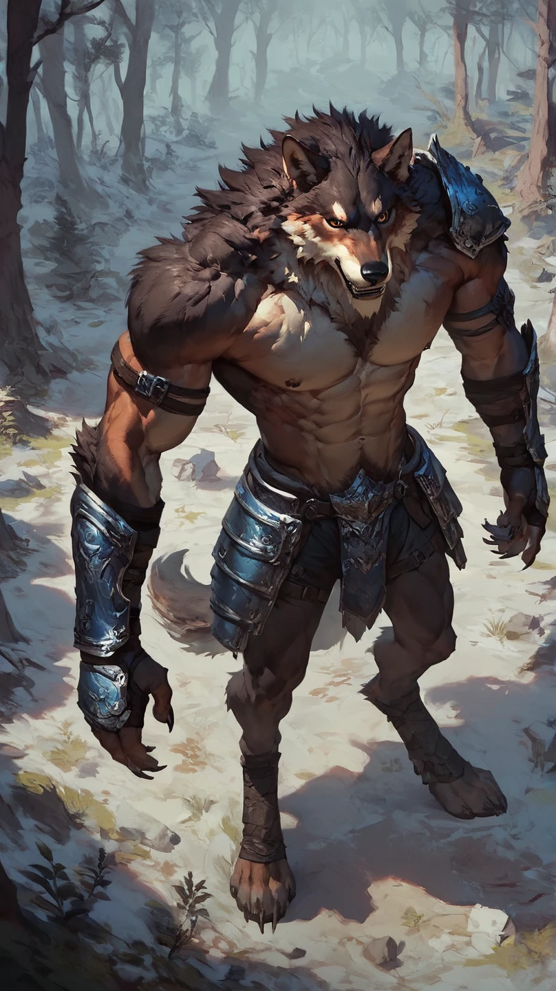 score_9, score_8_above, score_7_above, score_6_above,(alone), paint wolves den, Proud and serious expression, loincloth, muscular, standing, armor, digitigrade, guerrero, forest, by the width, conceptual art, dark environment, topless squat posture
