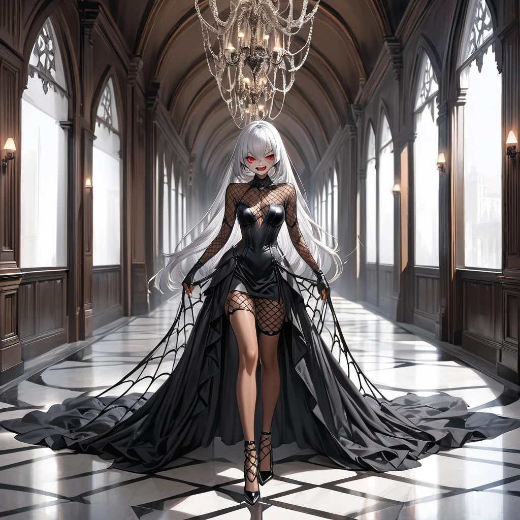 Ia creates a female person with straight white hair, with a black dress and a long black skirt and with black gloves with a white bow and her skin color is white and with a gray cross necklace and no head