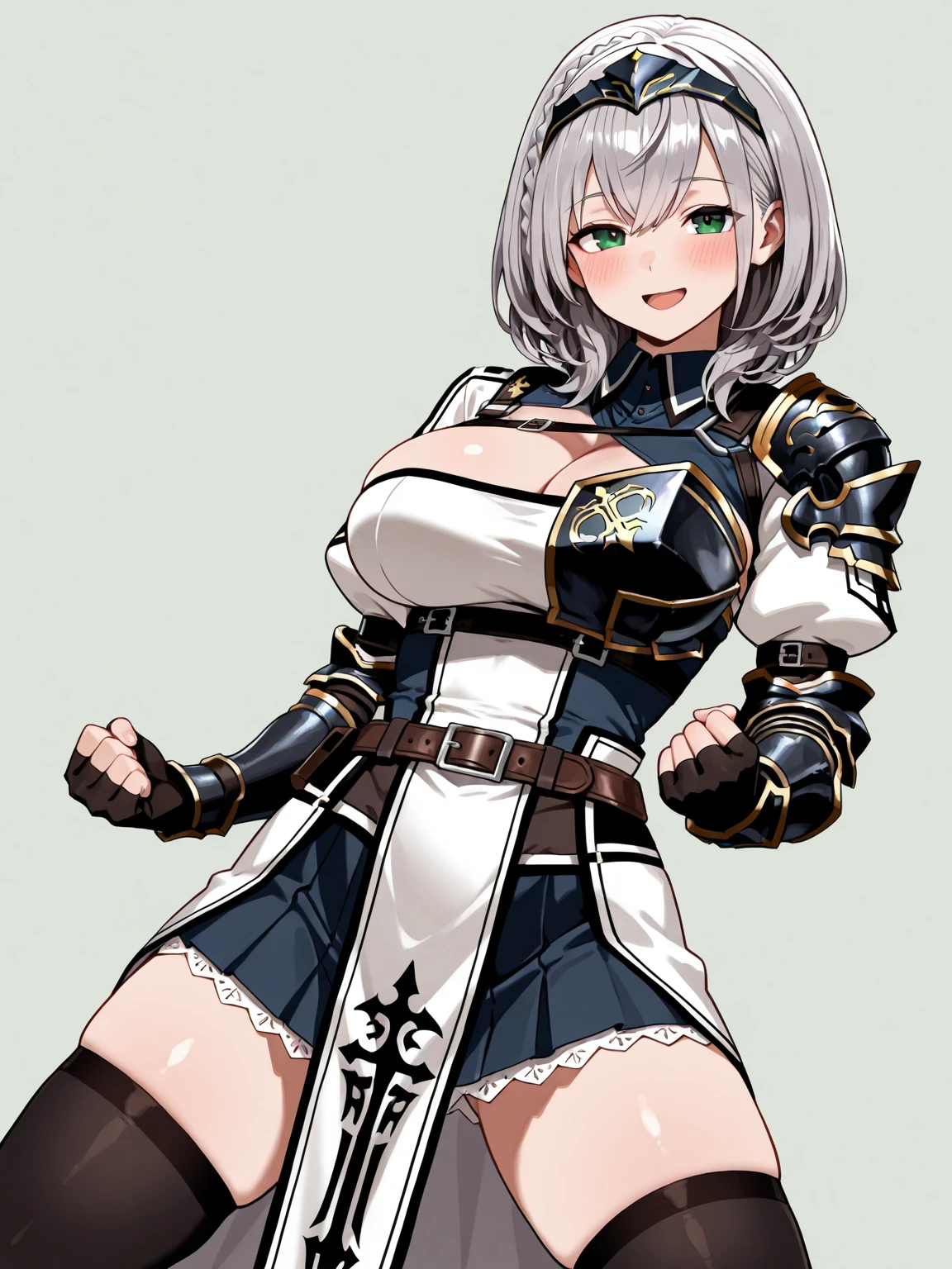Erisa, 1girl, Allein, lange Haare, Blick auf den Betrachter, schwarzes Haar, Bandage on face, gelbe Augen, Tierohren, smile, Bandage on nose, flechten, Katzenohren, Bandage, bangs, Breasts, fake Tierohren, einfacher Hintergrund, offener Mund, fang, , nackten Schultern, Narbe, Teeth, Hemd, tight Hemd, nackten Schultern, , short sleeves, geschlossenen Mund,, Hair over one eye, portrait, Hair over the shoulder, , Hautenges Outfit, seductive, realistisch, Best quality, Meisterwerk, Ultra-Detail, ultra high resolution, extremes Detail, 8k masterpiece, , military uniform,, belt, pleated skirt, black skirt, thigh boots, smile, hands 