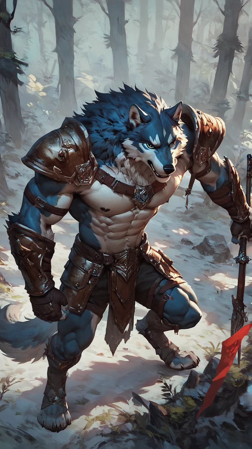 score_9, score_8_above, score_7_above, score_6_above,(alone), paint wolves den, Proud and serious expression, loincloth, muscular, standing, armor, digitigrade, black wolf warrior, forest, by the width, conceptual art, dark environment, topless squat 