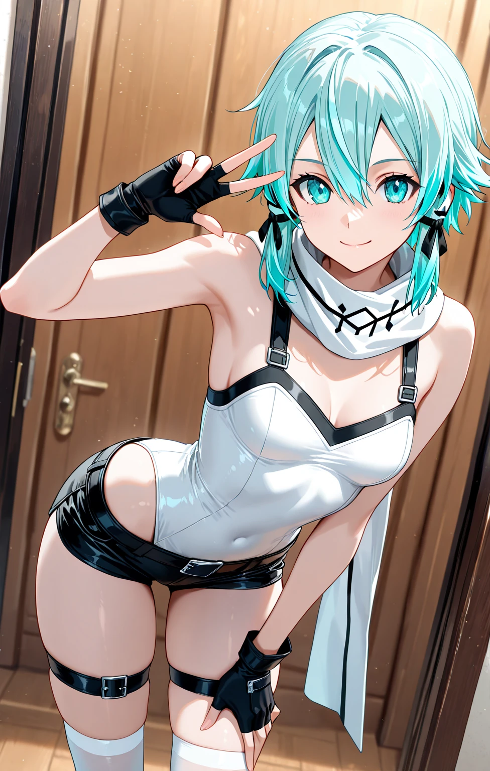 best quality, amazing quality, very aesthetic, absurdres, (1girl, sinon, sword art online, aqua eyes, aqua hair, medium breasts), (realistic face:0.9),(thong:1.8),dress lift, (grin, blush, thigh:1.3), (cowboy shot), (glistening eyes), (half closed eyes:0.9), (), (official art:1.3), (panties around one leg), expressive eyes, perfect face, 4k, extremely detailed anime illustration, extremely detailed eyes, perfect anatomy, light rays, extremely delicate body, smooth skin, (anime background:1.5), clear eyes, beautiful face, small breasts,(anime style:1.6), (Warm Light:1.5), (highres:2),