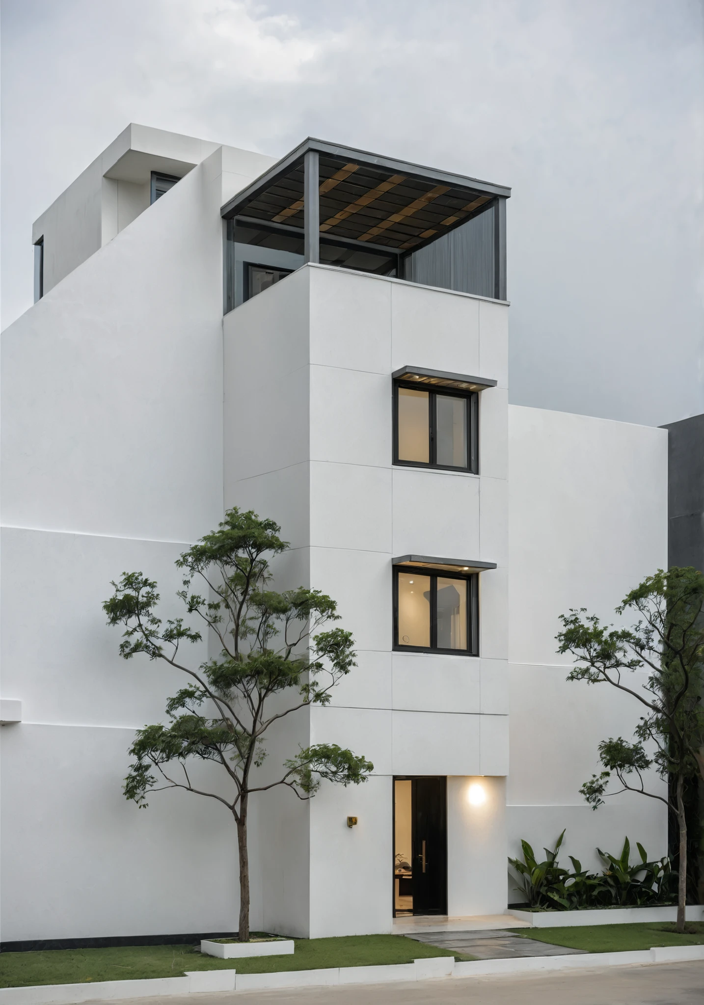 RAW photo, a photo of a modern house, (curvilinear archrchitecture:1.4), Wabisabi style rounded wall, white wall, steel black gate, sidewalk, sidewalk trees, ((grey gate:1.2)), road, viet nam modern residence, ((architectural shot)), rough white wall, new residential area, wide angle exterior 2022, contemporary house, exterior photography, masterpiece, contemporary architecture, overcast, indirect lighting