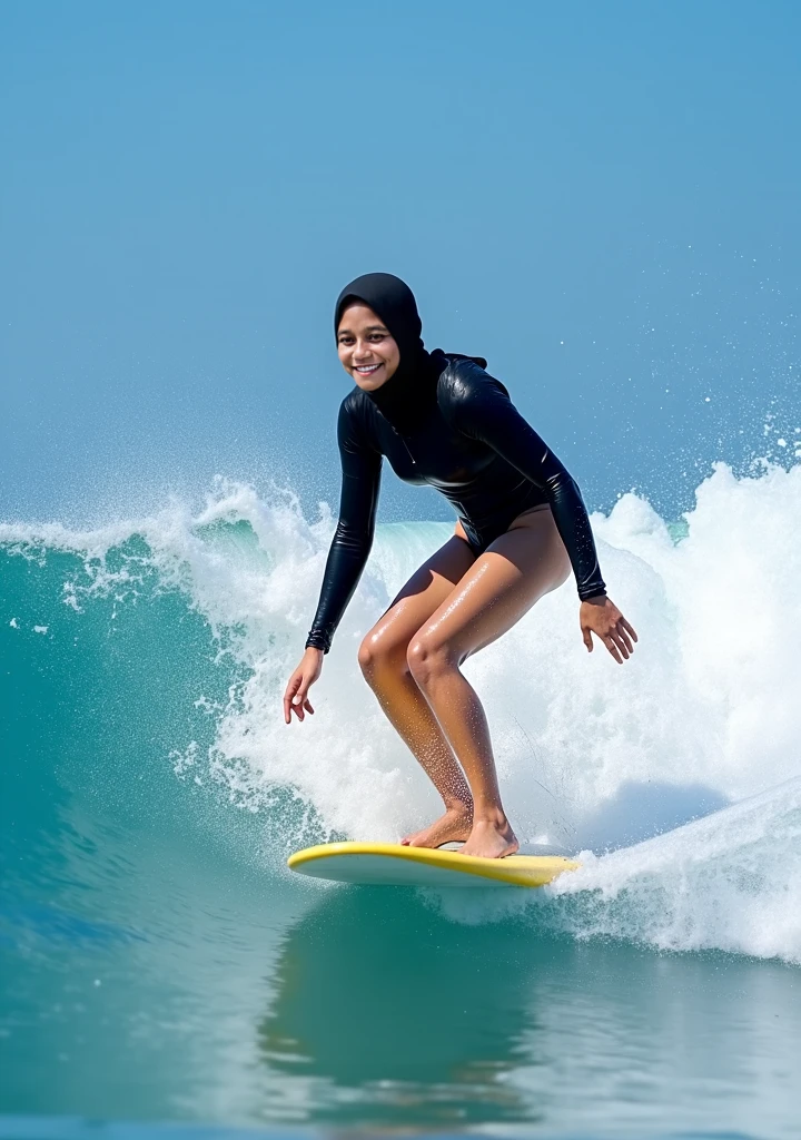 A Malaysian woman (age 40, busty, big butt, hourglass figure, tiny bikini, peach hijab no hair showing), riding a surf board, coast, riding a surf board, show her from head to toe
