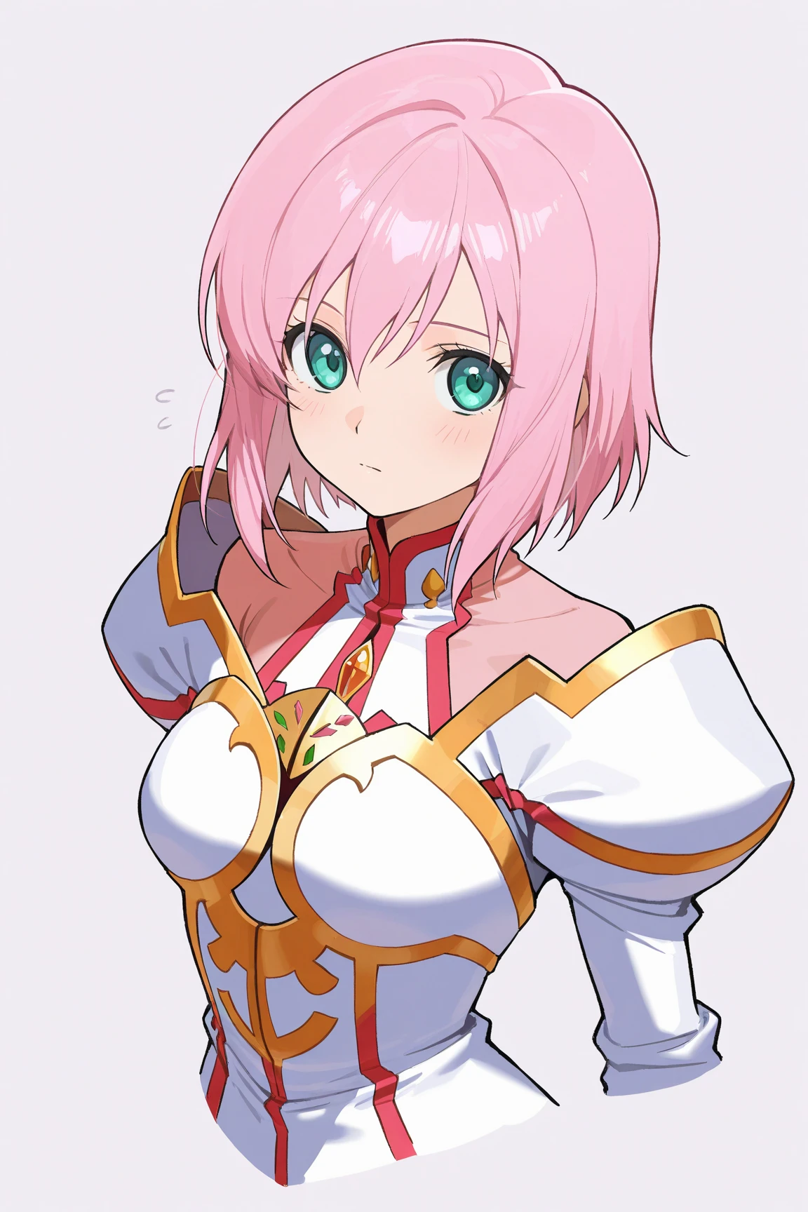 masterpiece, Best quality, watercolor (medium), 1girl, breast, Solitary, Single ponytail, Cleavage, Black picks dye pink hair, Delicate gray eyes, Bangs, jewelry, skirt, Bare shoulders, sleeveless, Hair between the eyes, 单Scapula, looking at the audience, Waving gesture, large breast, armor, shoulder armor, sleeveless skirt, Upper Body, Single sleeve, white skirt, Scapula, Naughty smile, , Tiger Teeth