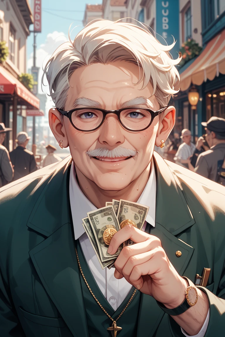 (best quality,4k,8k,highres,masterpiece:1.2),ultra-detailed,(realistic,photorealistic,photo-realistic:1.37),man holding bag of money under tree, oil painting, detailed facial features, crisp textures, vibrant colors, rich foliage, dramatic lighting, Harry Beckhoff style, 🚿 keys, 🗝️ notes, 📝 financial documents, shady tree, 🔞 clown, 🤡 theatrical atmosphere