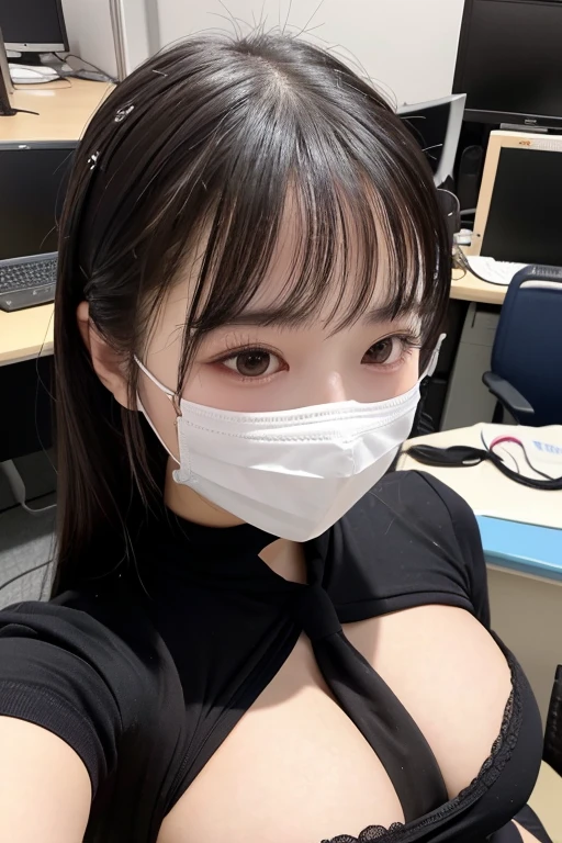 Shortcuts、((Please wear a black long sleeve top))、Very obscene、((Selfie style in my room)),((student))、((Very young))、((very cute))、((So adorable))、((Please wear a black non-woven mask....)),highest quality, masterpiece, Ultra-high resolution, (Realistic:1.4), RAW Photos, Very detailed, Perfect Anatomy, 1 girl, 18-year-old, Famous idols of Japan, Front view, Crotch close-up,, ((Accentuate your breasts))