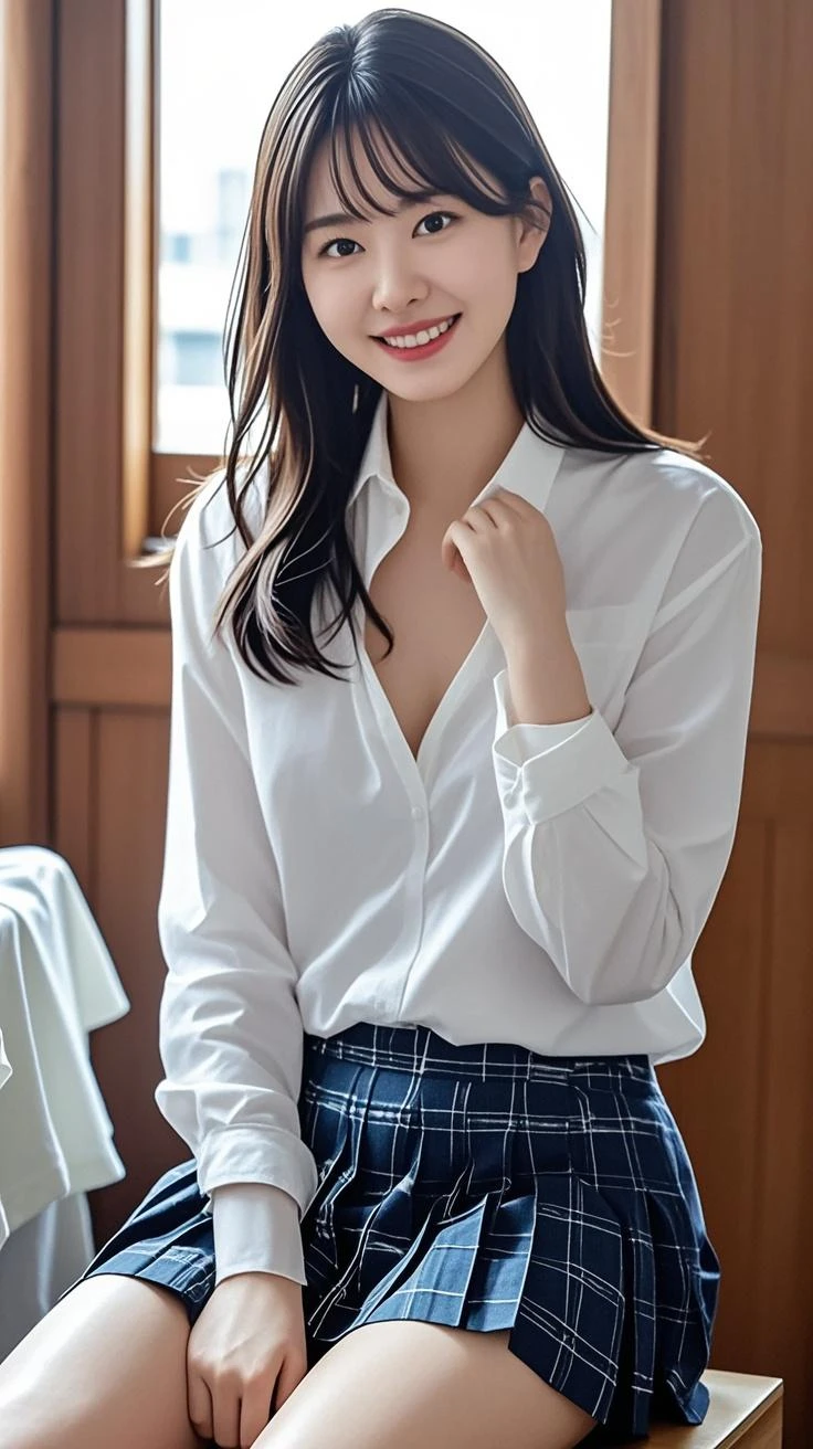 Best-quality, Masterpiece, Ultra-High-Resolution, (Photorealistic:1.4), Raw-Photo, 1girl, the most popular Japanese idol, wearing white blouse and navy-blue preated skirt, (((upskirt, Panchira))), extremely cute face, extremely beautiful big-eyes, extremely beautiful hair, extremely beautiful thighs, detailed upskirt, detailed Panchira, detailed CROTCH