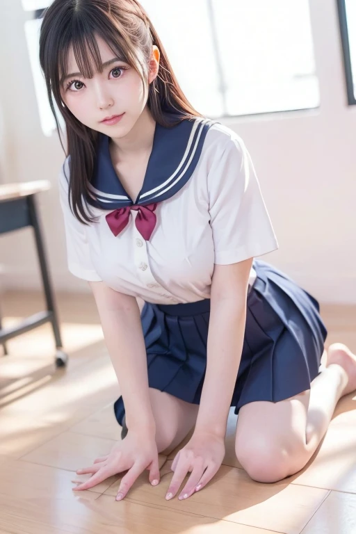 highest quality,Ultra-detailed,masterpiece,Realistic,Photo realistic,Bright lighting,One Girl, Very beautiful 17 year old girl, (cute:1.2),A faint smile, (Brown eyes),(Black Hair),(Bans),Perfect glowing skin,Perfect Skin,((erotic,Sexy and sexually explicit)),((Accurate needles without discomfort)), Big ample breasts,Big breasts, small waist, Look at the viewers,((Sailor suit)),((Short sleeve uniform white shirt)),(Red tie),((Blue mini pleated skirt)), socks, (ブラックニーsocks),(Loafer shoes), Daytime,