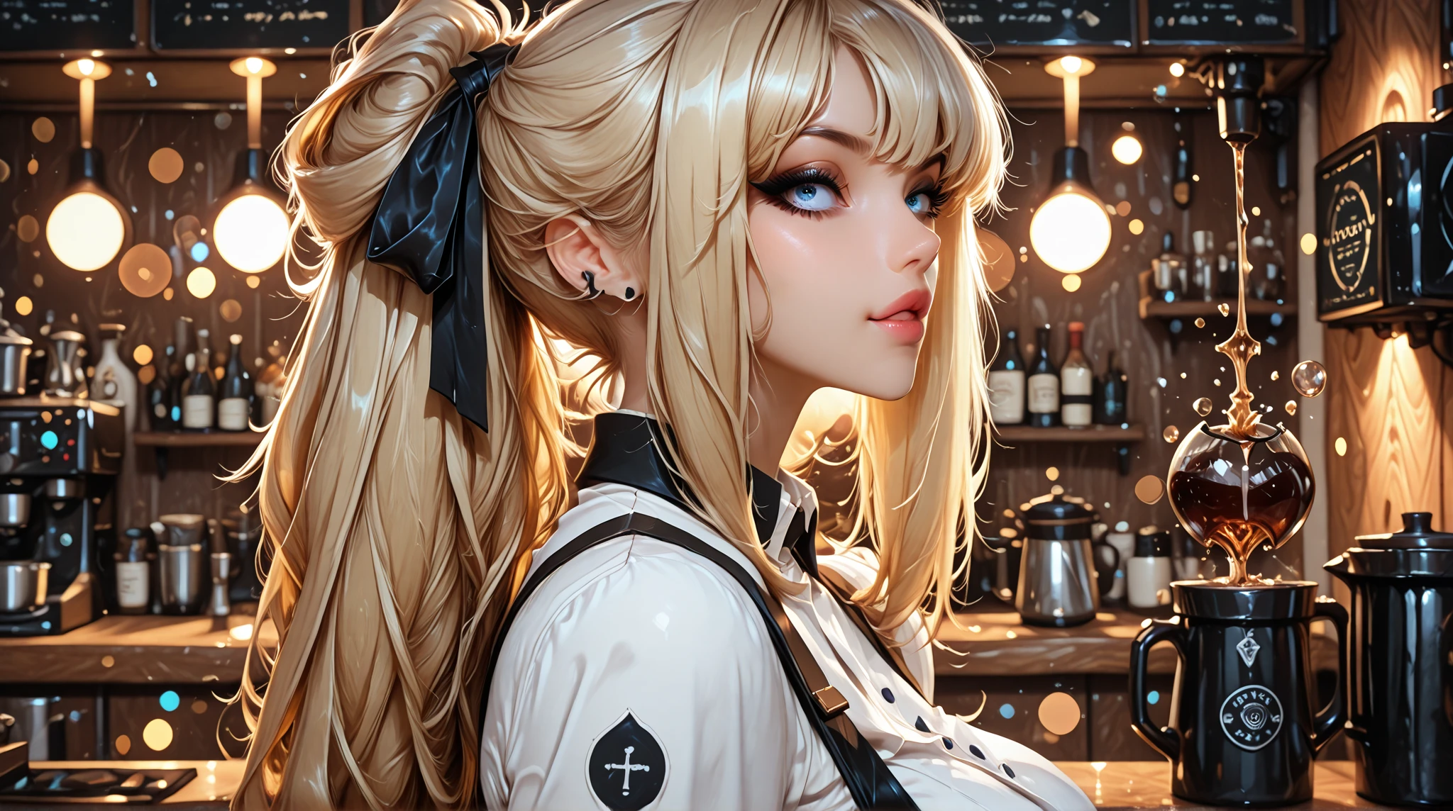 (best qualtiy,8k,tmasterpiece:1.3),A beautiful woman with a perfect figure:1.4,blond hair,,Wear a pendant,Wear a tulle skirt,at the kitchen,highly detailed face and skin,Detailed eyes,二重まぶた,huge tit,ssmile