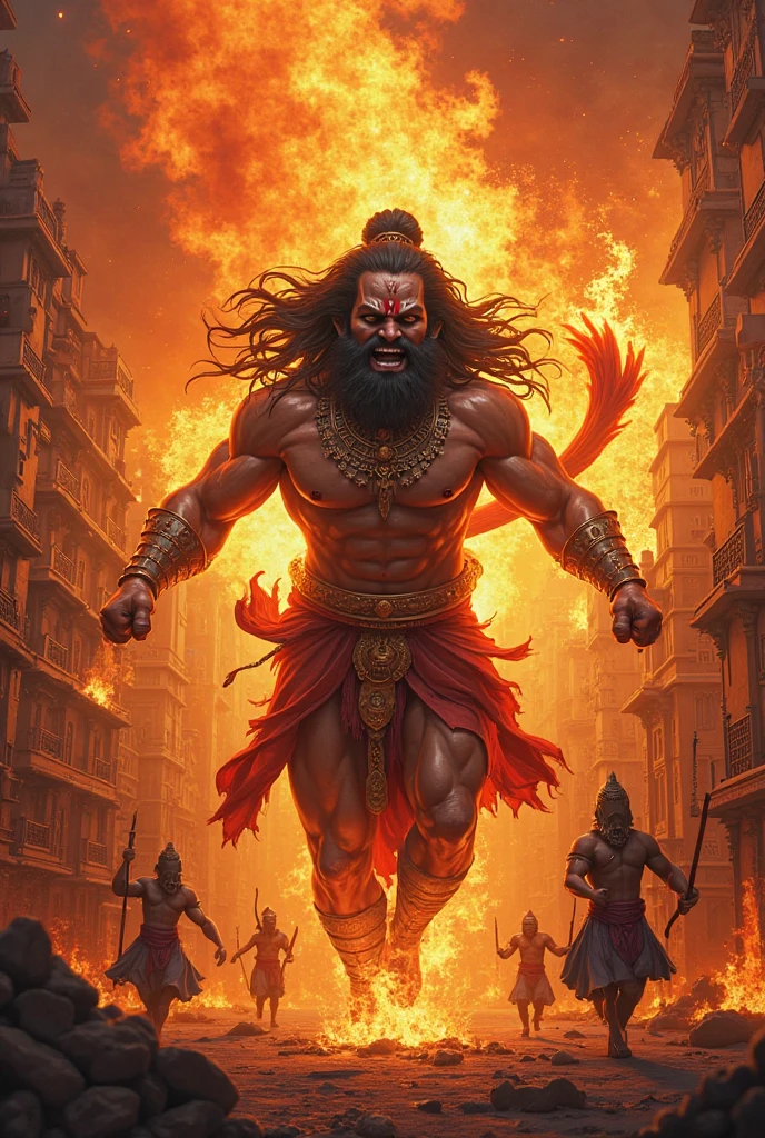In the background, Hanuman is shown in his larger, more powerful form using his tail for burning lanka