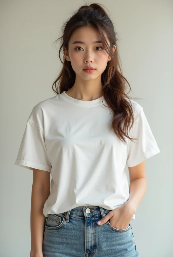 Beauty。White brown skin。Small Mouth。cheek。bangs。Black Hair。Plain white T-shirt。Regular jeans。21 years old。beautiful。round face。A neat nose。