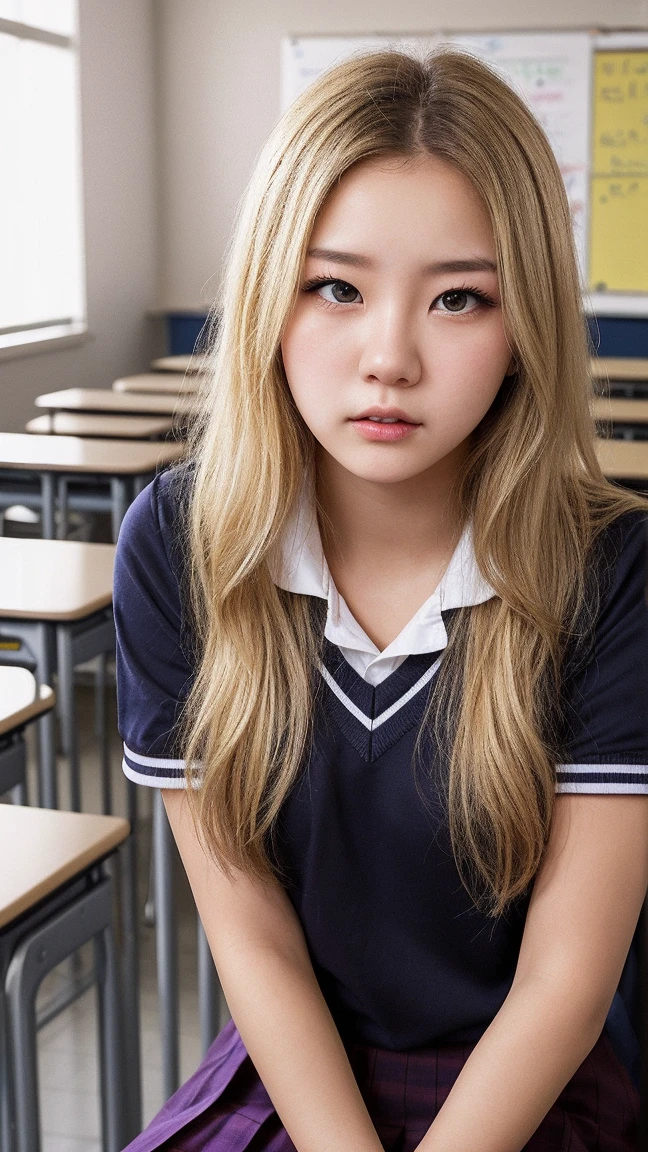 (realistic:1.3), finely detailed, quality, rembrandt lighting, (masterpiece:1.2), (photorealistic:1.2), (best quality), (detailed skin:1.3), (intricate details), dramatic, ray tracing, 1girl, japanese girl, 21 years old, detailed skin texture, (blush:0.5), (goosebumps:0.5), subsurface scattering, smiling, medium breasts, kitagawa marin, (blonde hair:1.2), long hair, multicolored hair, jewelry, earrings, piercing, school uniform, white shirt, tied shirt, black choker, blue necktie, plaid skirt, dynamic pose, (bright sunny day, school classroom, blackboard, school desks, chairs), <lora:kitagawa_marin_v1-1:0.8>