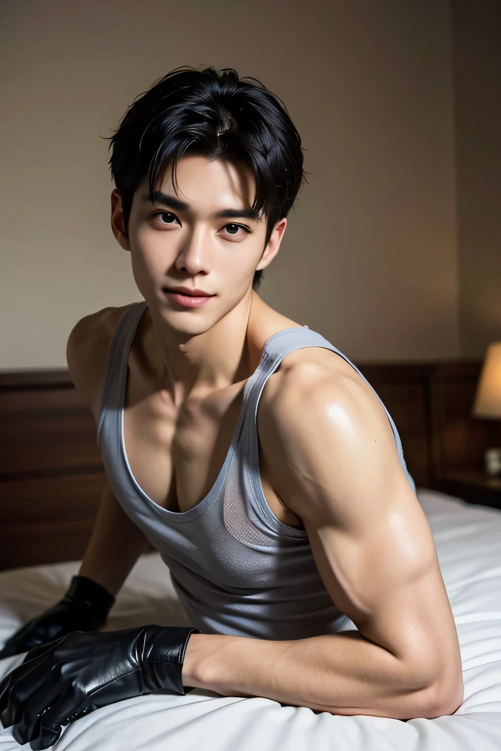 Boy lying on bed with shirt pulled up