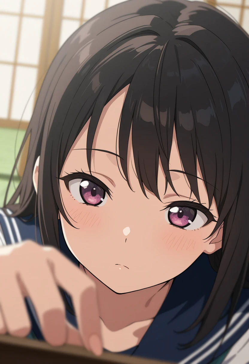 ((masterpiece, best quality)), high resolution,ultra detailed,8k,16k,detailed background, perfect lighting,detailed beautiful eyes, 1girl,nsfw,embarrassed,blush,show off breast,steam,sweat,look at viewer,(deep fellatio:1.4),(deepthroat:1.3),:>=,penis in mouth,oralsex,face focus,(from above,from front:1.2), (pov:1.4),provocative eyes,1boy,1penis,hetero,fisheye lens,tear,,mayaka ibara,brown hair,short bangs,forehead,purple eyes,(small breast,slender),(fair skin,short body),school sailor,class room,pubic hair