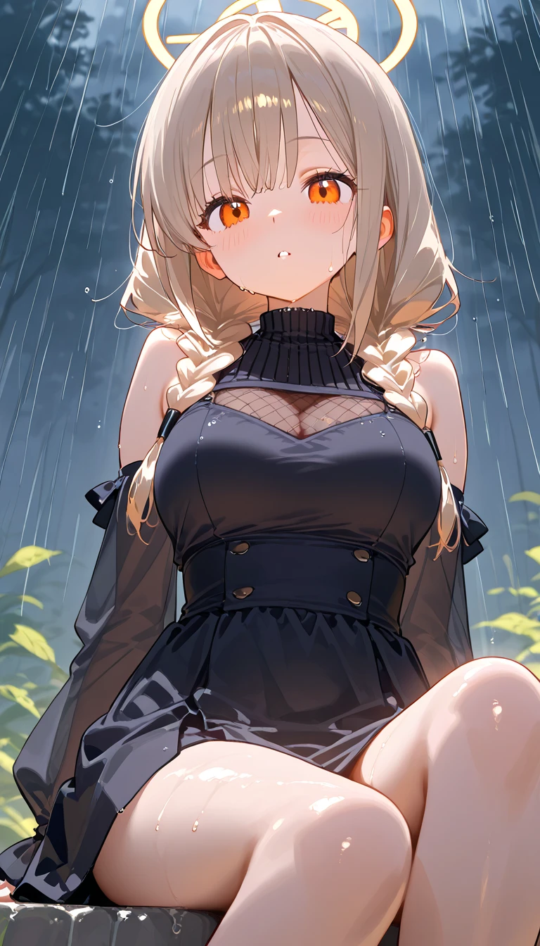 1 girl,blue eyes, blonde,ponytail, Big Breasts,Black leotard,barefoot,High leg cut,Sitting, Spread your legs, Serious face,blush,Sweat,Open your mouth wide,Sigh,forest,rain,cloudy,