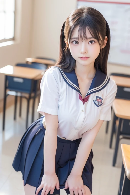 (masterpiece, best quality:1.2), 8k, official art, raw photo, incredibly absurdres, (sailor uniform, serafuku:1.0), 15 years old,highschool student,beautiful girl, pretty face, arch back, close up, , short sleeve, gardenia, violaceaess, (short ponytails:1.3),teen, classroom, looking at viewer, no makeup, film grain, chromatic aberration, sharp focus, facelight, dynamic lighting, cinematic lighting, detailed eyes and face, bokeh background,(cowboyshot:1.3),(small brests:1.2),(skinny:1.2),(smile:1.2),(school swimsuit:1.0),(fullnude:1.0),(show pussy:1.4),(bottomless:1.6),
