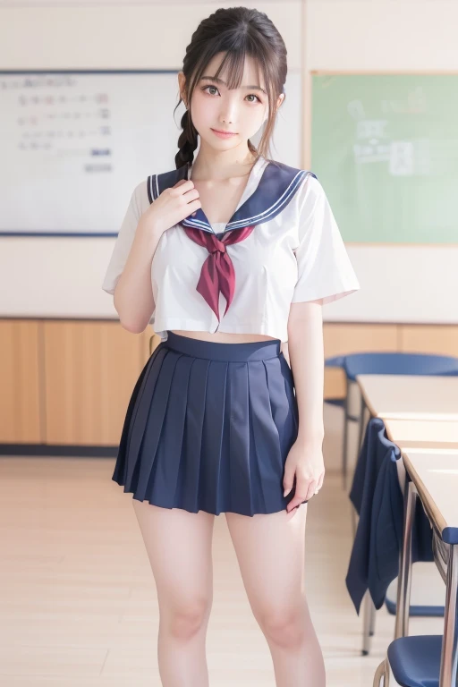 young woman, 14 years old, Long brown hair, Wear a sailor uniform,Short sleeve,Pleated skirt,(Ultra Mini Skirt:1.5), sitting at a desk in the classroom, (smile), (Highest quality: 1.3), (masterpiece: 1.3) with an unparalleled ,masterpiece, Surreal 8K, Perfect artwork, Very detailed, Highest quality, masterpiece 8K wallpaper aesthetics, masterpiece, Award-winning works, Official Art, Cinema Lighting,