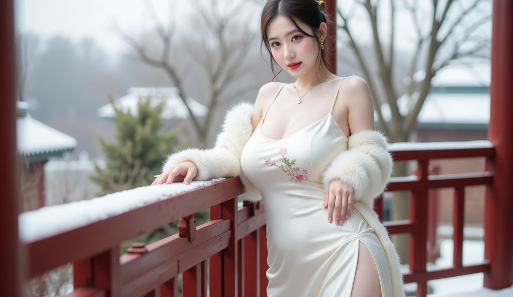((high quality)),table top,(Detailed depiction of local details:1.2),1 girl,big and full breasts、cleavYear of the breast,closed mouth,eyelash,looking at the viewer,portrait,alone,upper body close-up、portrait,gray hair,whiteme,(master piece, 8K, 最high quality, High resolution, Super detailed, ultra realistic realism),white, A world covered in silver, branches covered with snow, cold winter feel, snowflakes dance like elves, Turn the world into a silver fairy tale, cold, Quiet and beautiful snow scene, comfortable and calm, Bright colors, full body, Princess, 1 girl, 25Year, baby face, gray hair, short hair,(artistic pose),