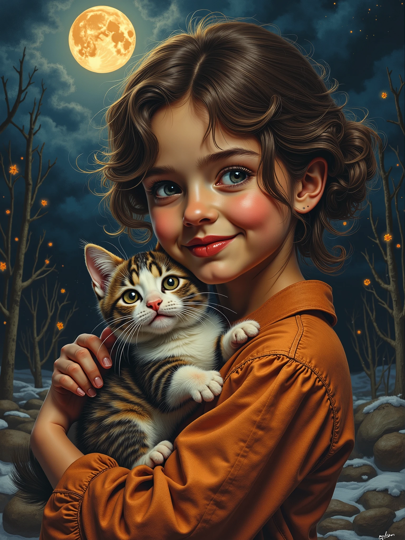 hand-drawn greeting card in the style of artists James Jean and Norman Rockwell, style postcard USSR, intimate portrait composition close up a female child playing with a kitten both with big detailed eyes Under a midnight sky with a full moon, smile, USSR poster style, happy. The artwork focuses on detailed anatomy capturing a powerful and confident presence. Painting style inspired by James Gurney, with influences from Jeremy Mann, Nick Alm, Michael Garmash, Rob Ray, Raymond Leech, Diego Dayer, Adi Granov, and Vitaly Bugarov. The artwork combines realism and expressive brushwork, with rich textures and atmospheric lighting, conveying elegance and subtle sensuality. finely detailed clothes. many complex details, high detail, hyperrealism, noir digital style warm color