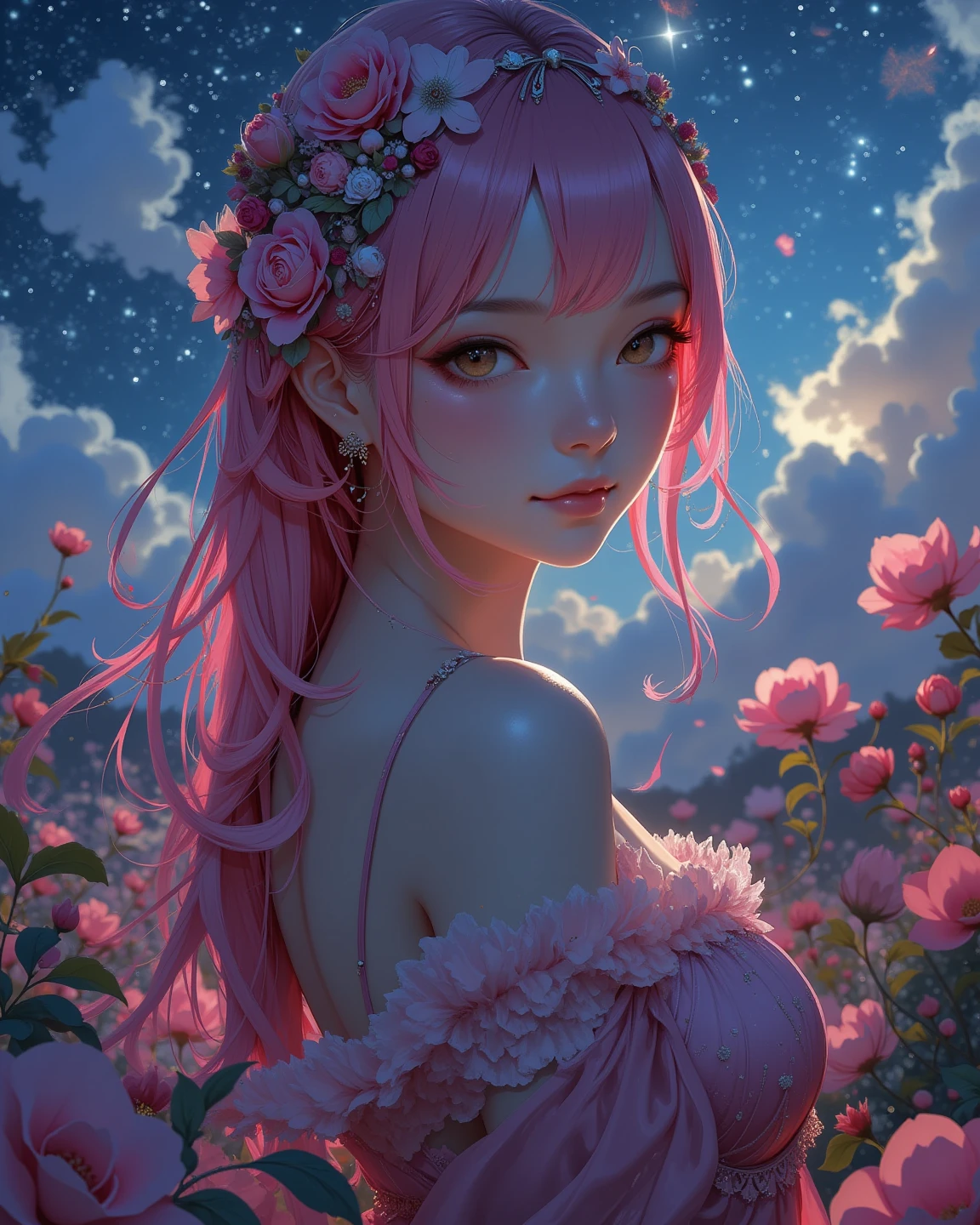 roses on head, twin tails, medium breasts 1 woman, Pink hair, Pink eyes, bright eyes, crop top, skirt, Chapped lips, blush, Night, flowers, sun, sunlight,