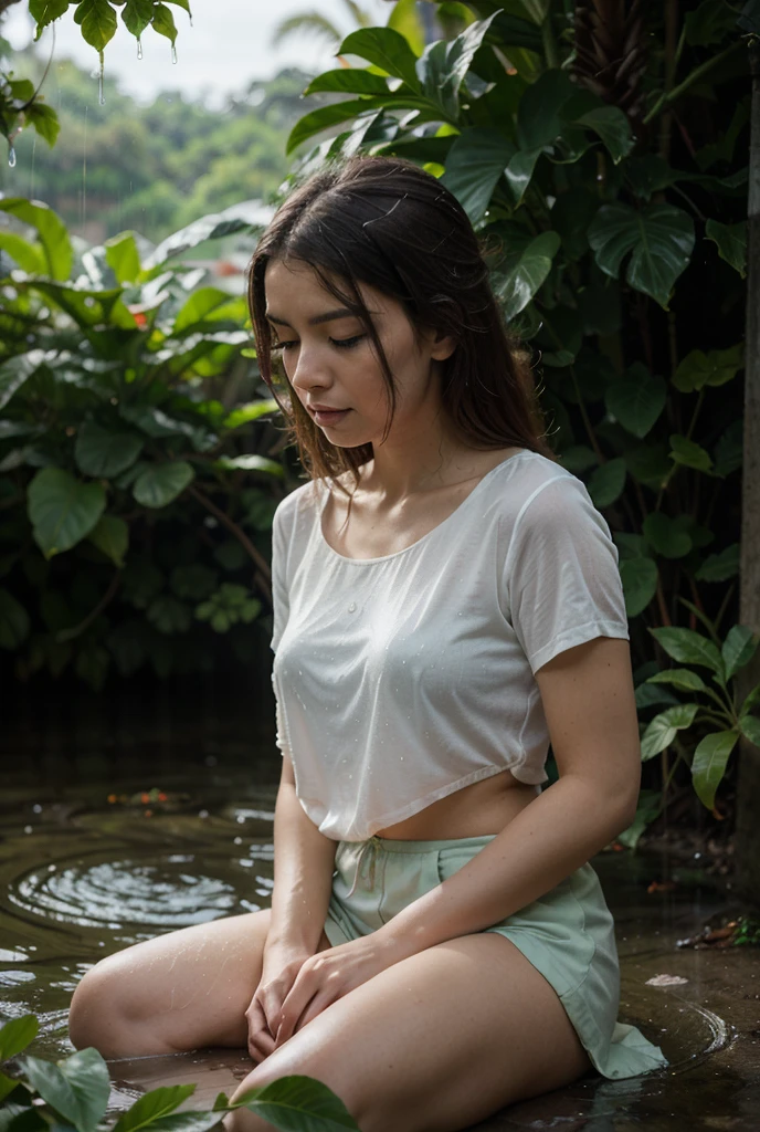Pretty Thai girl 20y wear see through shirt swimming in the river, realistic highly details