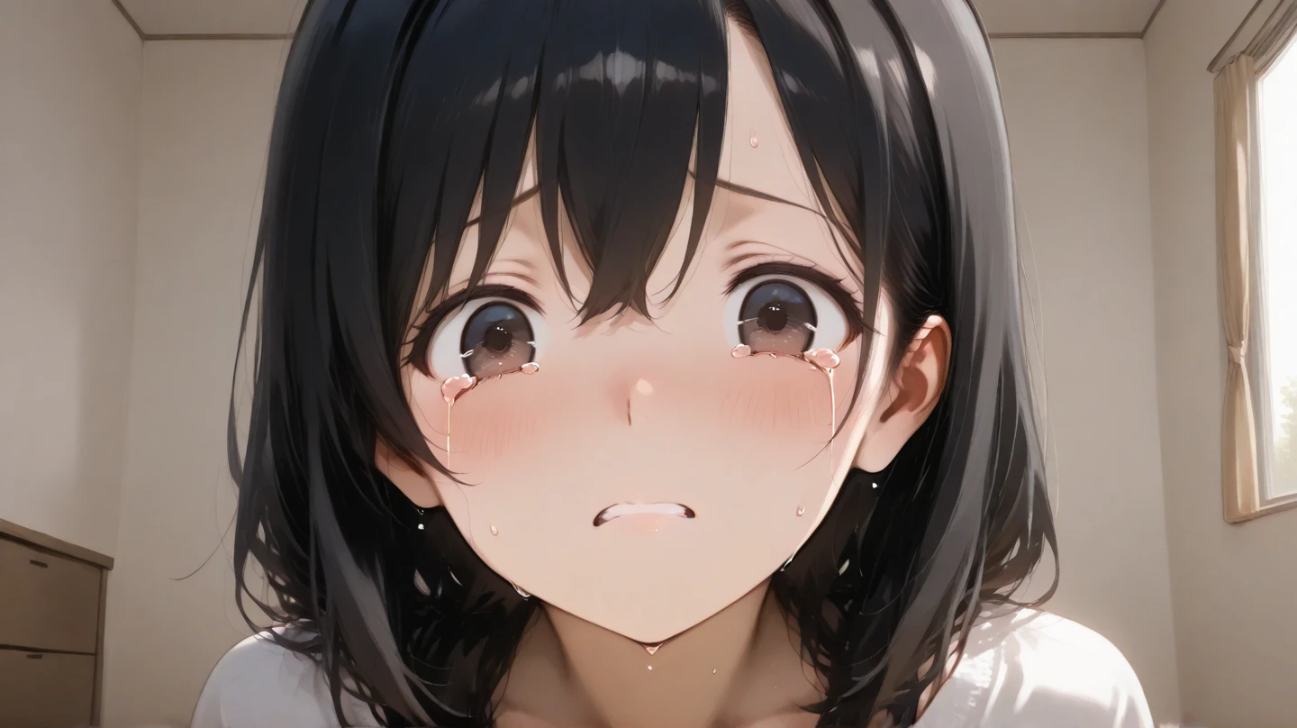 (1girl, nakano azusa, K-On!), beautiful detailed eyes, red eyes, half-closed eyes,(tareme), half-closed eyes, (opened big mouth, licking, Sticky tongue), nsfw, (close-up mouth), (curvy, Slender),(cleavage), from above, Highest quality, Super detailed, masterpiece, Ultra-high resolution, 8k, Embarrassing, blush, Lovely, (With tears in her eyes and her mouth open), Sticky saliva