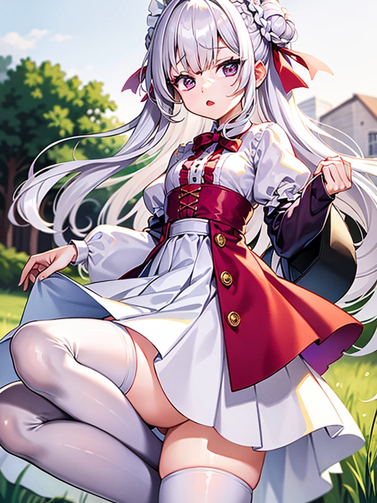 (masterpiece, Highest quality:1.2), alone, One girl, 幼いchildのゴールドシップ, pillbox hat,White Lolita,Gothic Lolita、With ruffles、Puffy short sleeves、dress、Knee-high socks、Horse tail,、grassland、Nature、blush、(Huge breasts:1.4)、Transparent clothes、Clothes are see-through、、Kindergarteners、、6 years old、、の小さな体、From below、Look to the side、Clothes get wet、Nipples are visible、Close your eyes and laugh、smile、Stand up with your legs spread、Flashy underwear、is see-through、Big Ass、Raise one leg、Skirt lift、Dripping a lot of thick white love juice