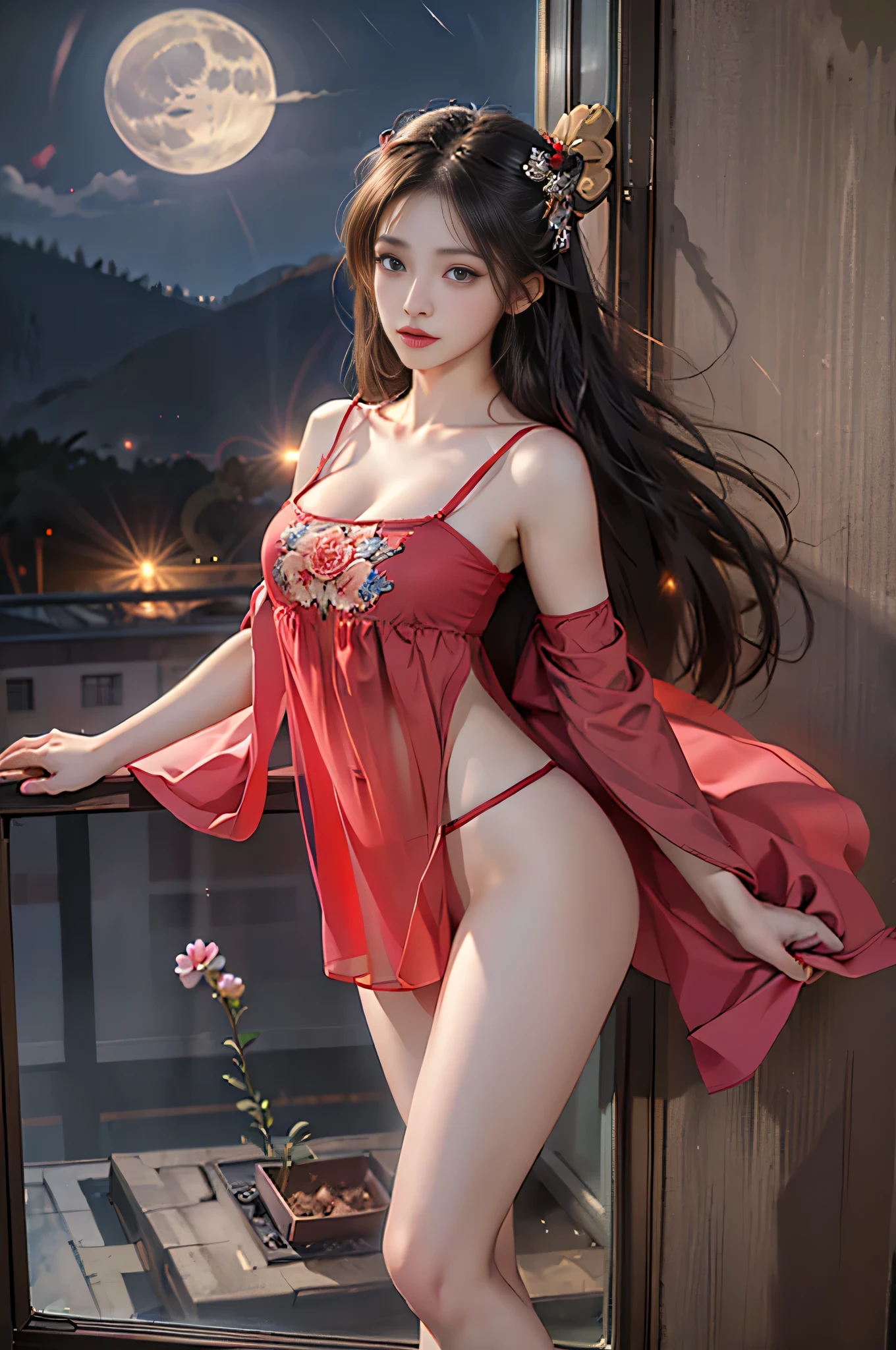 Sexy adult woman on bed, transparent Chinese red lingerie dress, show nipple's, braid hair, she's wet, ( show pussy), open legs , milf
